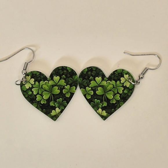 Heart Shaped Shamrock Green Acrylic Earrings - Picture 3 of 4